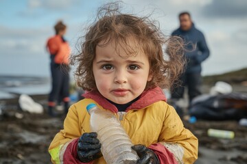 A young child in a yellow jacket and gloves, with dirt on their face, stands on the beach and holds a plastic bottle, participating in a cleanup operation with others in the backdrop.