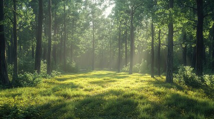 Obraz premium Sunlight filters through trees in a tranquil forest, creating a serene atmosphere with lush greenery and soft light.