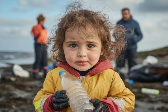 A young child in a yellow jacket and gloves, with dirt on their face, stands on the beach and holds a plastic bottle, participating in a cleanup operation with others in the backdrop.