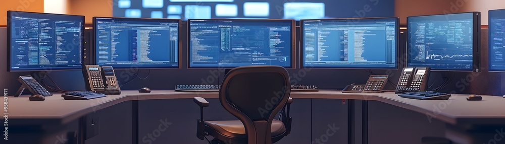 Poster modern control room with multiple screens displaying data, showcasing technology and communication i