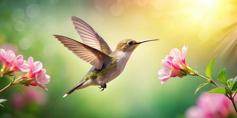 Obraz premium Bird in flight near a fragrant flower , bird, flying, fragrance, flower, nature, wildlife, aerial, scent, petals, colorful