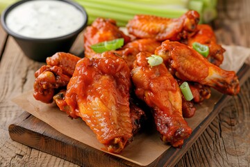 A serving of delicious spicy buffalo chicken wings on a pub style restaurant table top.