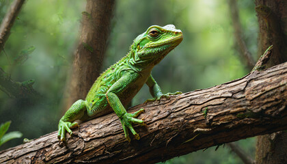 Fototapeta premium Lézard vert sur une branche d'arbre