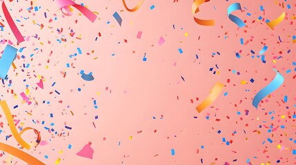 Vibrant confetti and ribbons scattered over a soft pink background, perfect for celebrations, parties, and festive events.