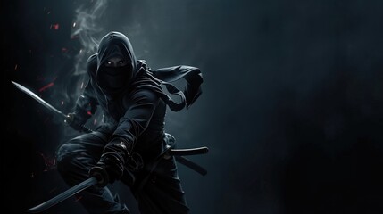 Naklejka premium Stealthy Dark Hooded Ninja in Action with Dual Swords in Dimly Lit Environment.
