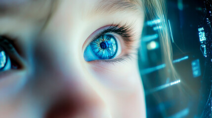 Close-up of child's blue eyes engaged with tv screen in late-night study session - modern education concept - high-quality stock photo