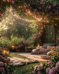 Obraz premium A magical garden setting with fairy lights, roses, and a cozy picnic area. Perfect