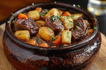 Navarin d'Agneau A hearty Navarin d'Agneau (lamb stew) with tender pieces of lamb, carrots, and potatoes in a rich broth