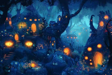A mystical forest village with glowing lights in the darkness. The trees are tall and ancient, and the houses are made of wood and stone.