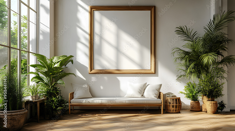 Wall mural Mock up frame in home interior background, white room with natural wooden table and decor, 3d render