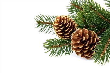 Christmas tree branch and golden cones isolated on white transparent, Xmas spruce, green fir pine twig