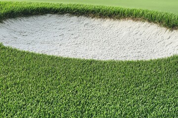Minimalist view of a golf course sand bunker with lush green grass and fine white sand, showcasing a serene outdoor sports landscape