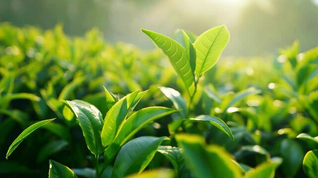 Fresh tea leaves at tea plantation, Green tea leaves	