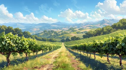 Naklejka premium A scenic view of rolling hills with vineyards and a dirt path leading towards the horizon. The sky is clear and blue with fluffy white clouds.