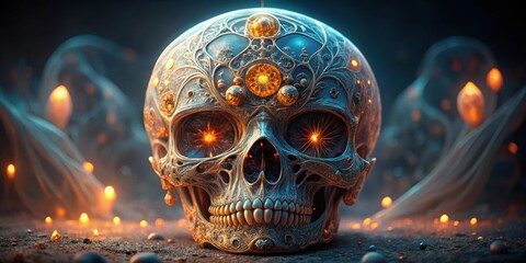 Mystical crystal skull with glowing eyes and intricate designs, mystical, crystal, skull, magic, ancient, supernatural