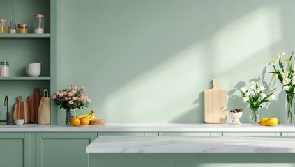 Light Green Kitchen with White Marble Countertop, Green Cabinets, and Shelves Filled with Items