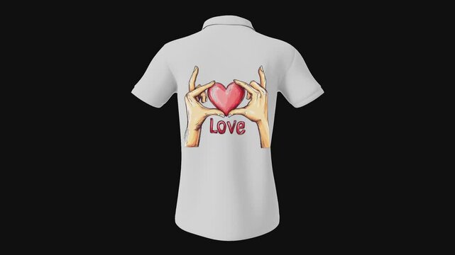 looped animation of 3d t-shirt with color lettering &ldquo;Love&rdquo; on the background of a heart gesture from the fingers of the hands