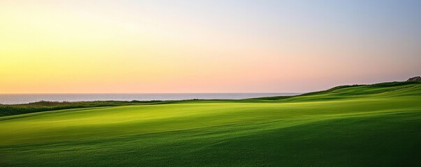 Serene golf course landscape at dusk with minimalistic view of the edge and vibrant green. Ideal for a calm and peaceful nature setting.