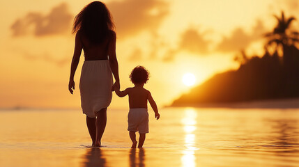 A Polynesian mother walking hand in hand with her little son, their figures framed by the radiant hues of a setting sun, the peaceful scene capturing their bond and the beauty of t