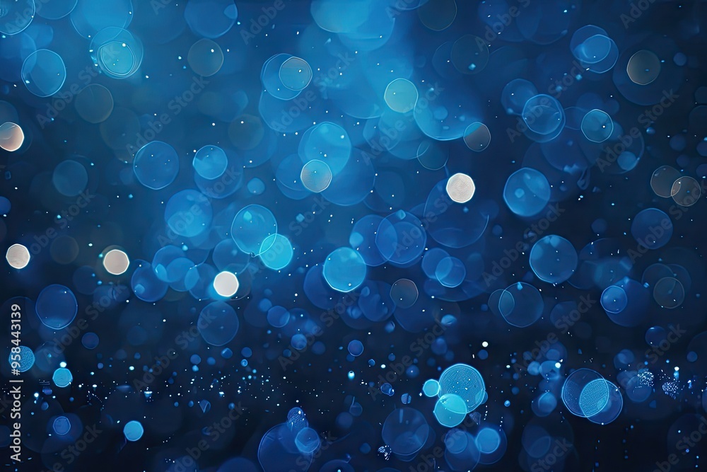 Poster Colorful blue bokeh lights on gradient background for copy space.