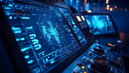 Fototapeta premium Close-up of Ship's Navigation Console with Radar Screen and Controls