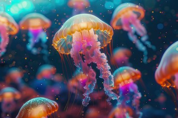 Obraz premium Colorful jellyfish dancing in the ocean.