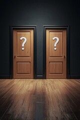 An empty room with 2 closed doors that are labelled with a question mark icon, the concept of making a decision 