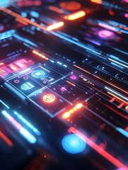 Obraz premium Futuristic Digital Interface with Glowing Neon Lights and Aesthetic in Dark Background