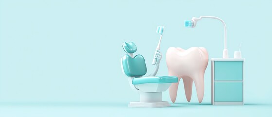 Modern dental clinic interior with a cozy chair, a large tooth sculpture, and a bright color scheme for a clean look.