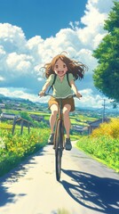 Fototapeta premium A cheerful character rides a bicycle along a sunny path surrounded by lush greenery and fields, enjoying the beautiful day