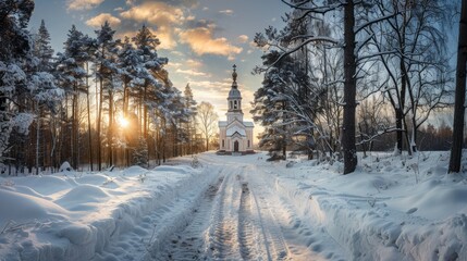 Photograph of a small path leading to a church in a winter forest.