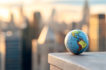 Tiny Earth globe sitting on the edge of an urban rooftop, overlooking the city skyline at sunrise
