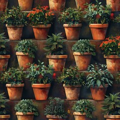 A wall of terracotta pots filled with lush green plants, creating a vibrant and textured backdrop.