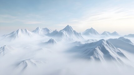 Majestic Snowy Mountain Peaks Shrouded in Ethereal Fog and Mist