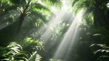Obraz premium Rays of Sunlight Shining Through the Lush Tropical Rainforest Canopy