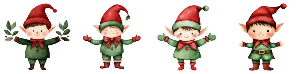 Fototapeta premium A charming illustration of four whimsical elves wearing red hats, perfect for holiday-themed projects and children's crafts.