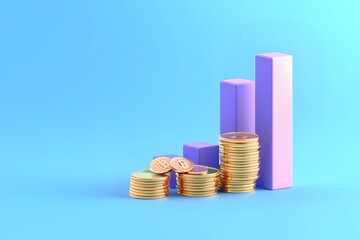 3D icon of a blue bar chart on podium with floating coins, against a blue background
