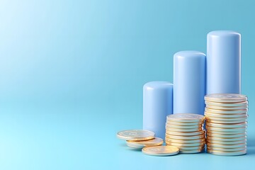 3D icon of a blue bar chart on podium with floating coins, against a blue background
