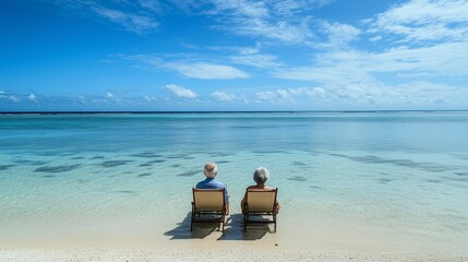 A picturesque moment of an elderly couple, back view, seated on sun loungers right by the water on a pristine, empty beach, the shallow, clear waters reflecting the soft blue sky