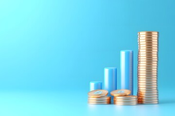 3D icon of a blue bar chart on podium with floating coins, against a blue background