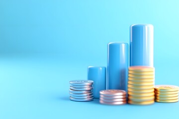 3D icon of a blue bar chart on podium with floating coins, against a blue background