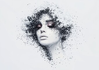 Face of make-up woman with pixelated dispersion effect