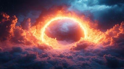A fiery ring of light shines through dark clouds in the sky.