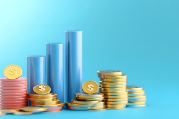 3D icon of a blue bar chart on podium with floating coins, against a blue background