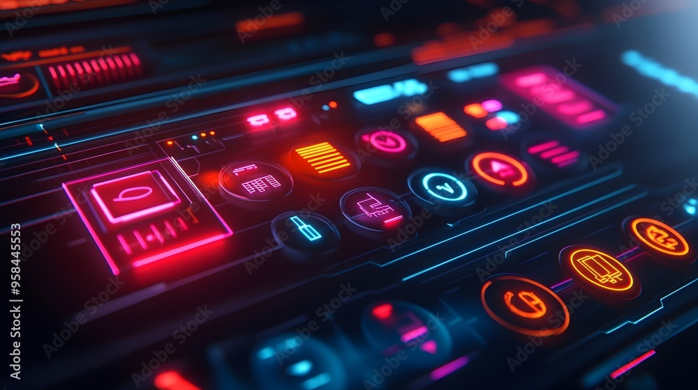 Wall mural futuristic control panel with vibrant illuminated dashboard buttons and displays
