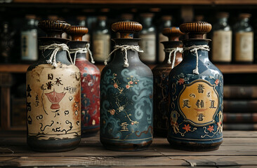 A collection of bottles adorned with beautiful oriental designs, arranged in a row, highlighting traditional craftsmanship.