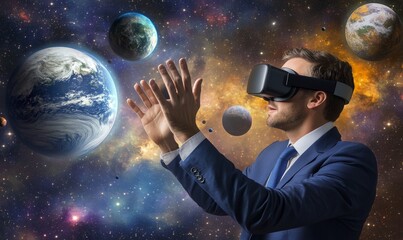 Businessman wearing virtual headset over space background - augmented reality and modern technology concept
