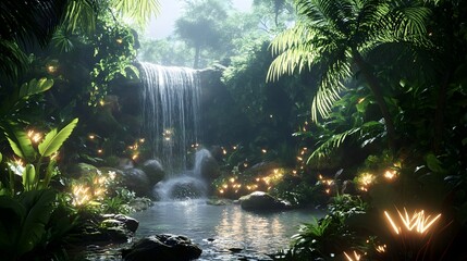 Enchanting Tropical Waterfall Oasis in Lush Green Jungle Landscape
