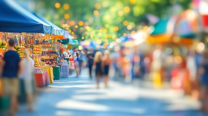 A lively street fair scene with an abstract, blurred background, capturing the energy of the event with colorful stalls and people, leaving ample copy space