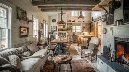 Discuss the key elements of farmhouse interior design that create a cozy and inviting atmosphere.